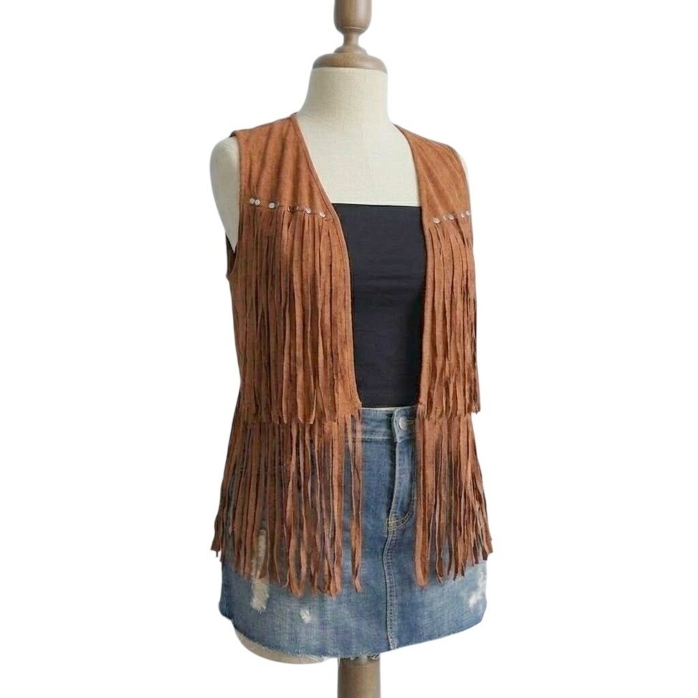 Brown Fringe Western Vest Studded Tassel Boho xlarge Coastal Cowgirl